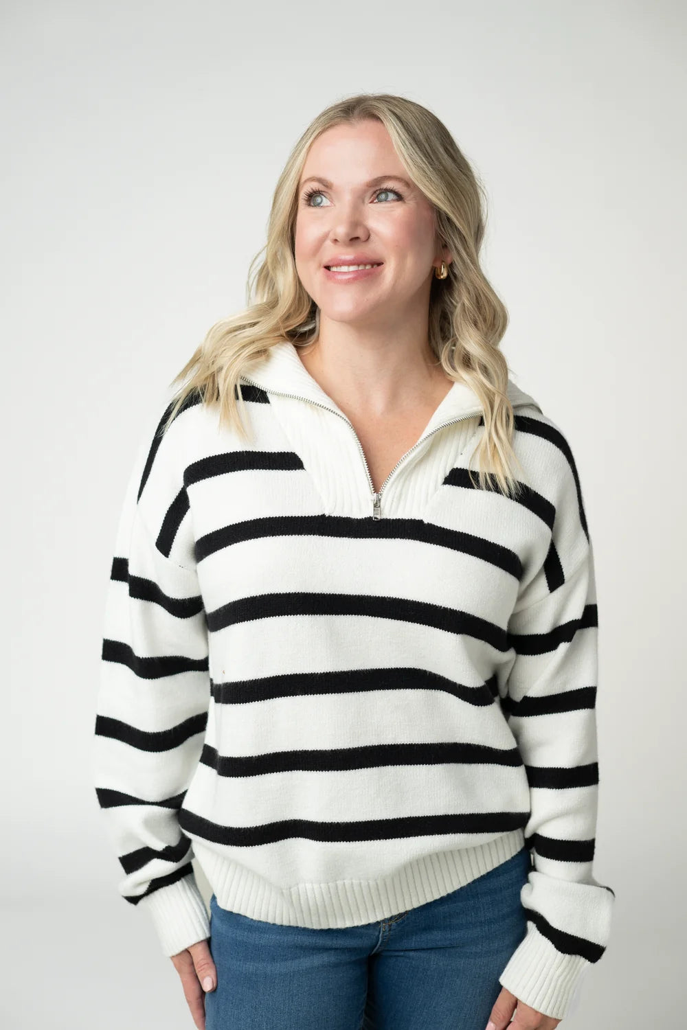 Black and White Stripe Quarter Zip Pullover