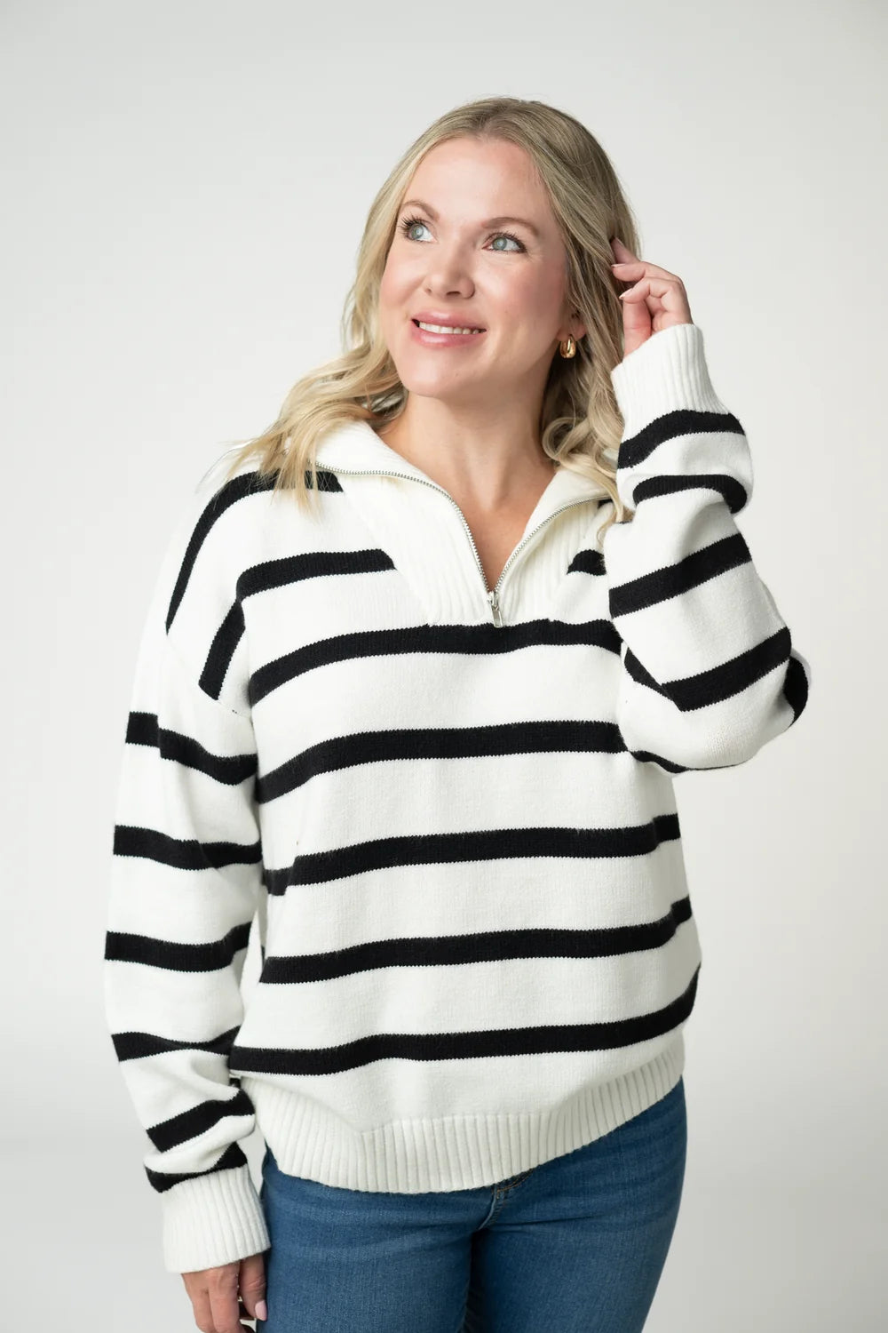 Black and White Stripe Quarter Zip Pullover
