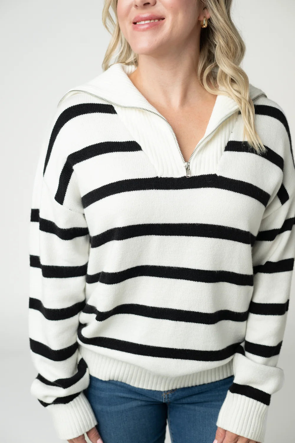 Black and White Stripe Quarter Zip Pullover