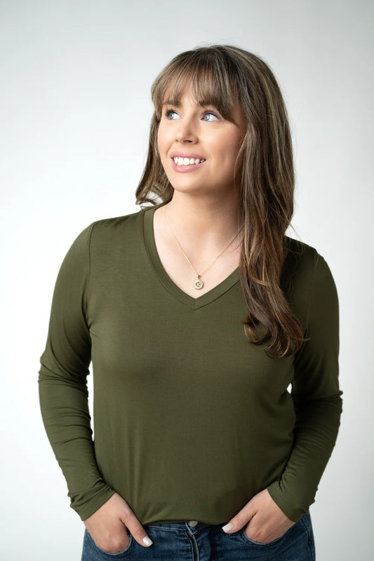 Olive V-neck Long Sleeve Top