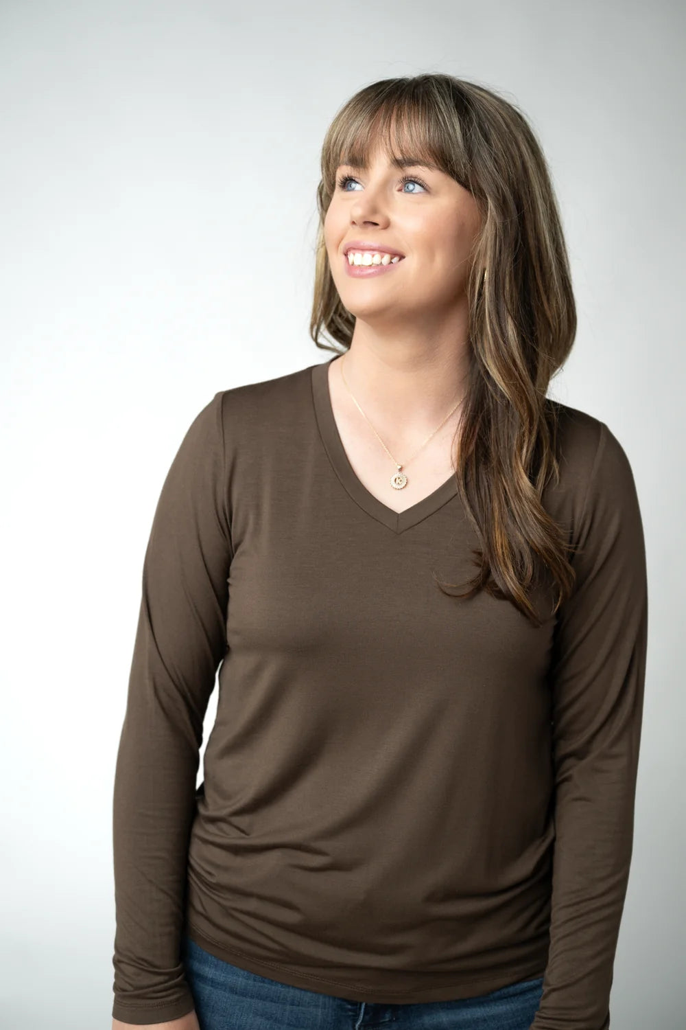 Brown V-neck Long Sleeve Top