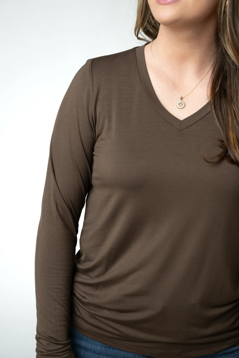 Brown V-neck Long Sleeve Top