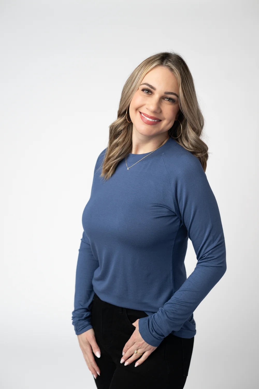 Blue V-neck Long Sleeve Top