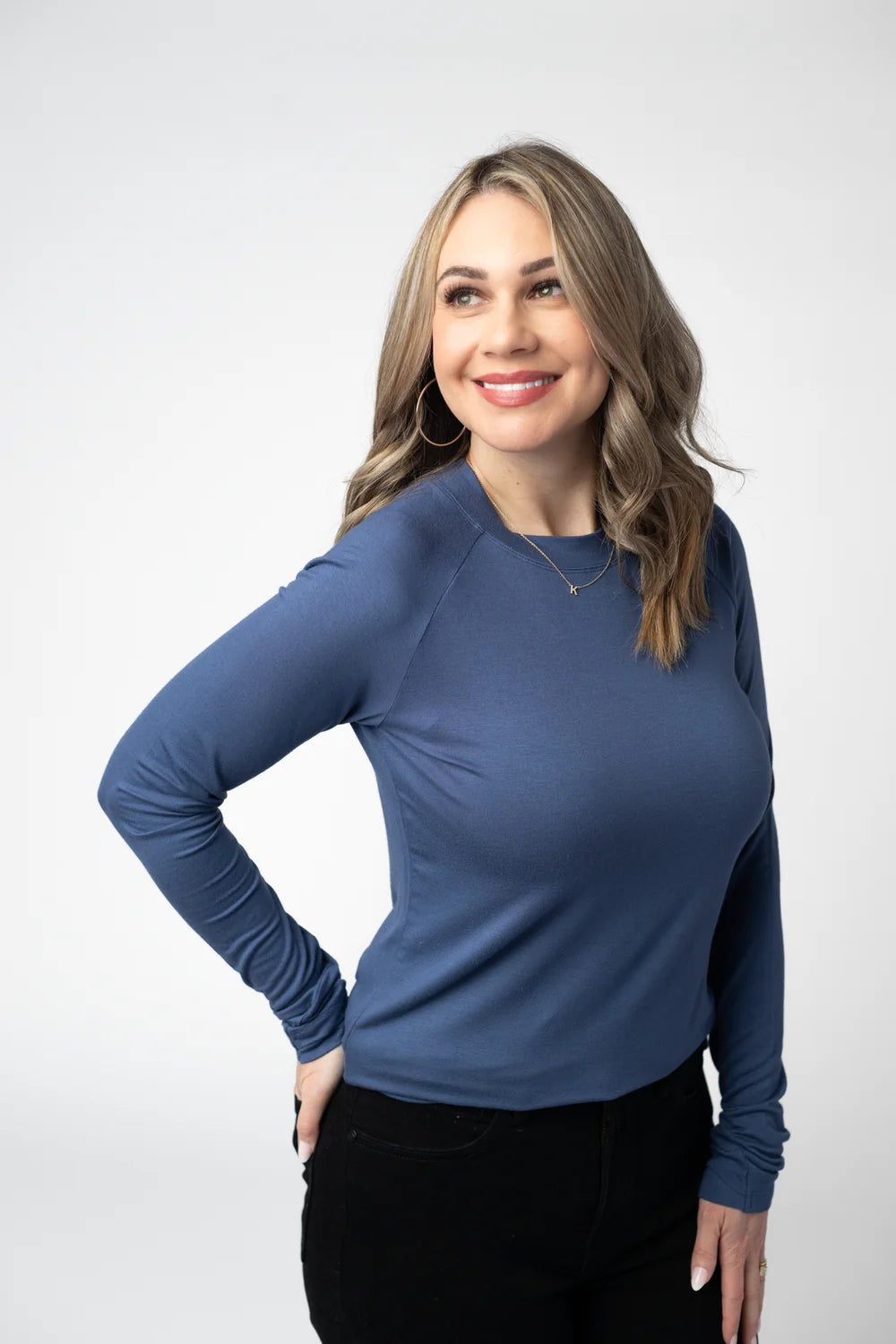 Blue V-neck Long Sleeve Top