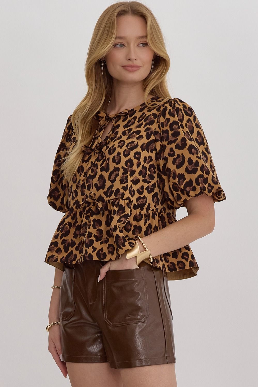 Leopard Print Peplum Top with Bow Detail