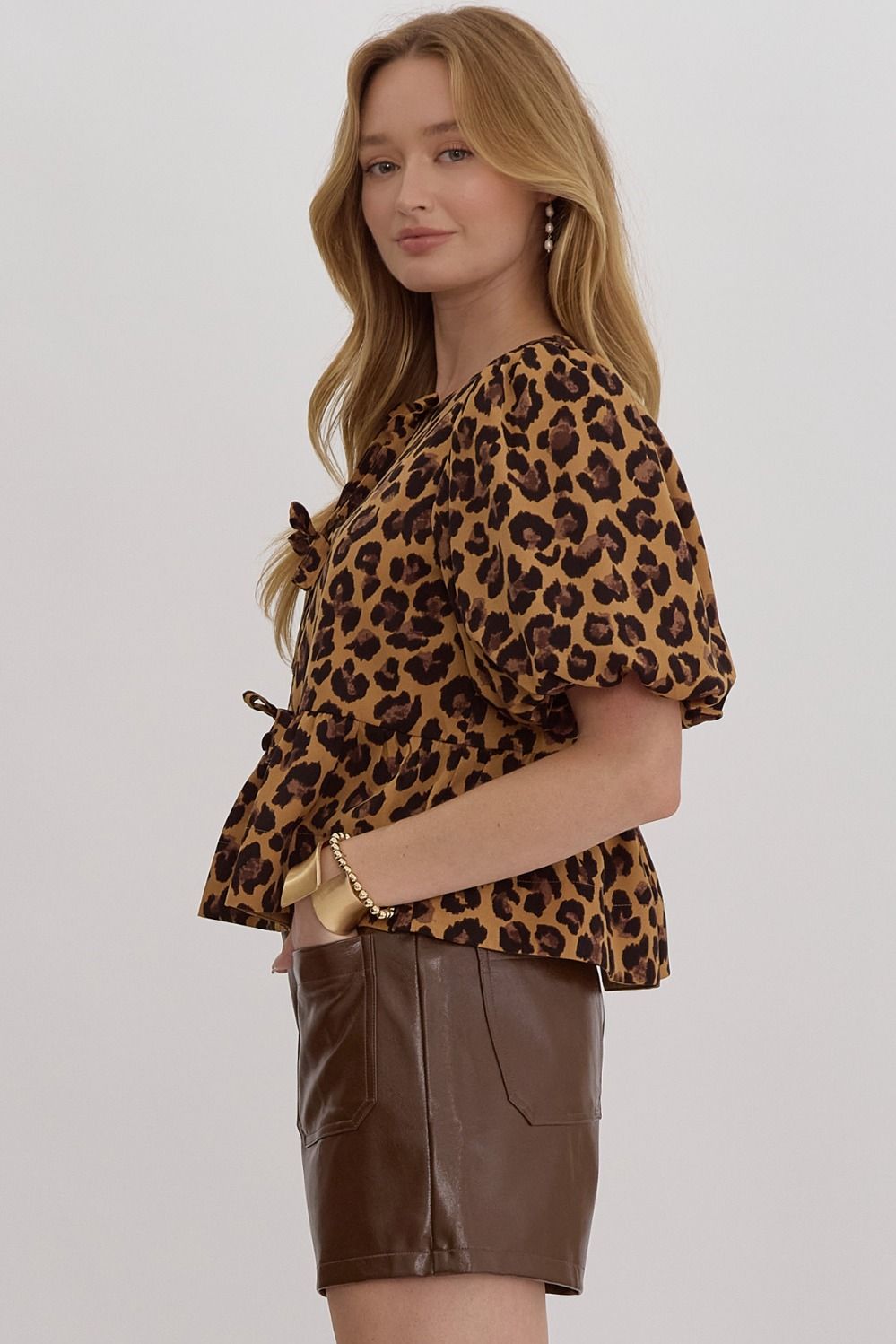 Leopard Print Peplum Top with Bow Detail