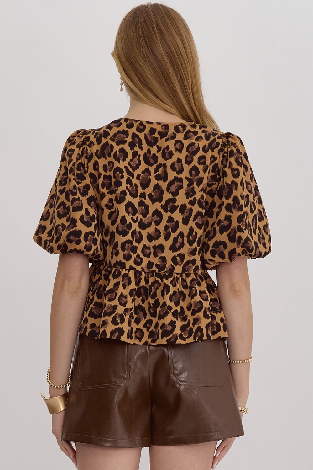 Leopard Print Peplum Top with Bow Detail