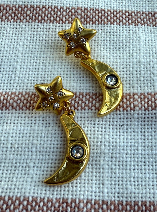 Antique Gold Star & Moon CZ Earrings