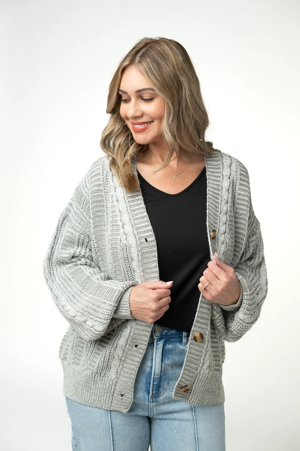 Grey Cable Knit Long Sleeve Cardigan