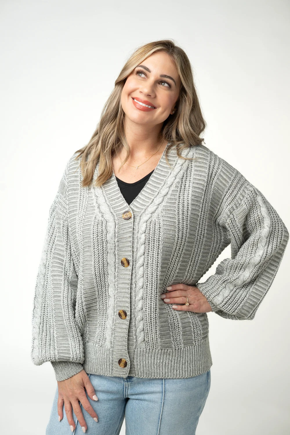 Grey Cable Knit Long Sleeve Cardigan