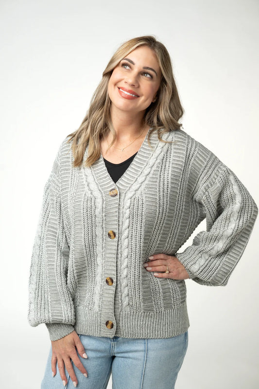 Grey Cable Knit Long Sleeve Cardigan