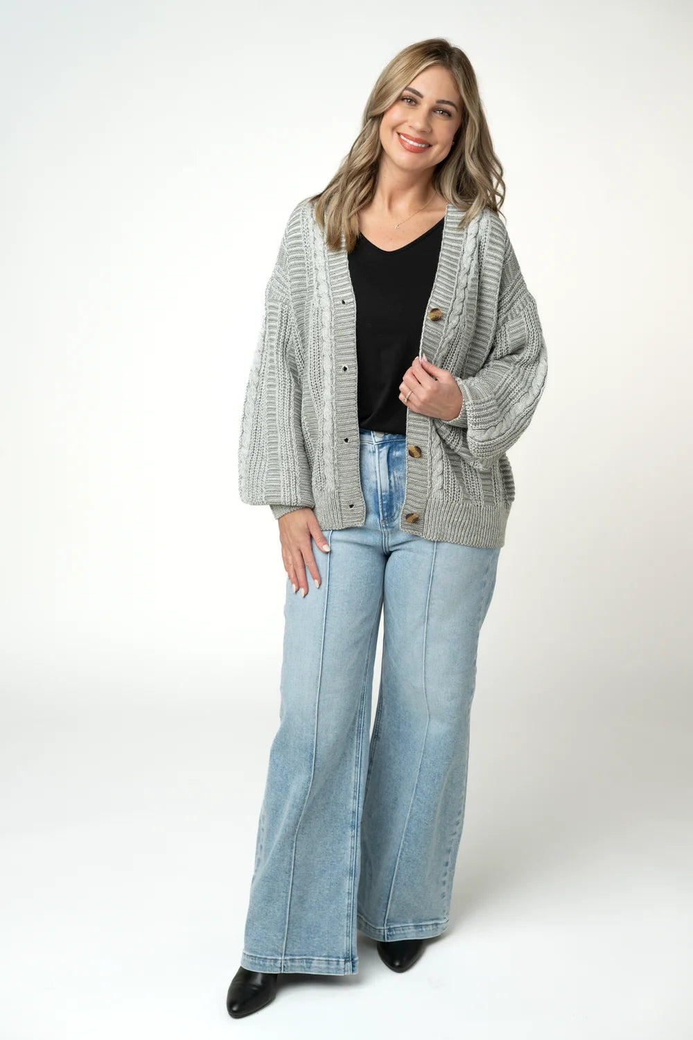 Grey Cable Knit Long Sleeve Cardigan