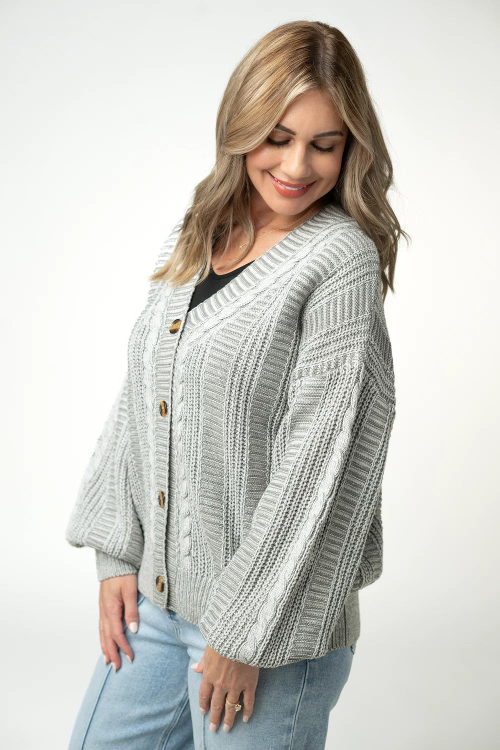 Grey Cable Knit Long Sleeve Cardigan