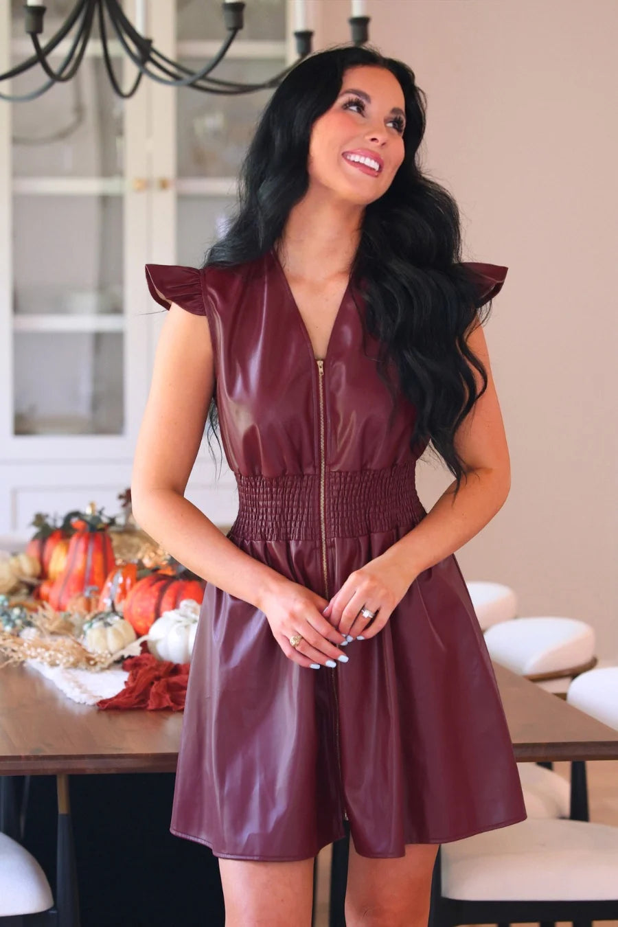 PRE ORDER: Burgundy Downtown Leather Zipper Dress