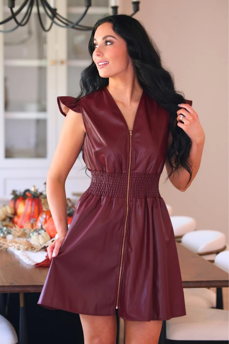 PRE ORDER: Burgundy Downtown Leather Zipper Dress