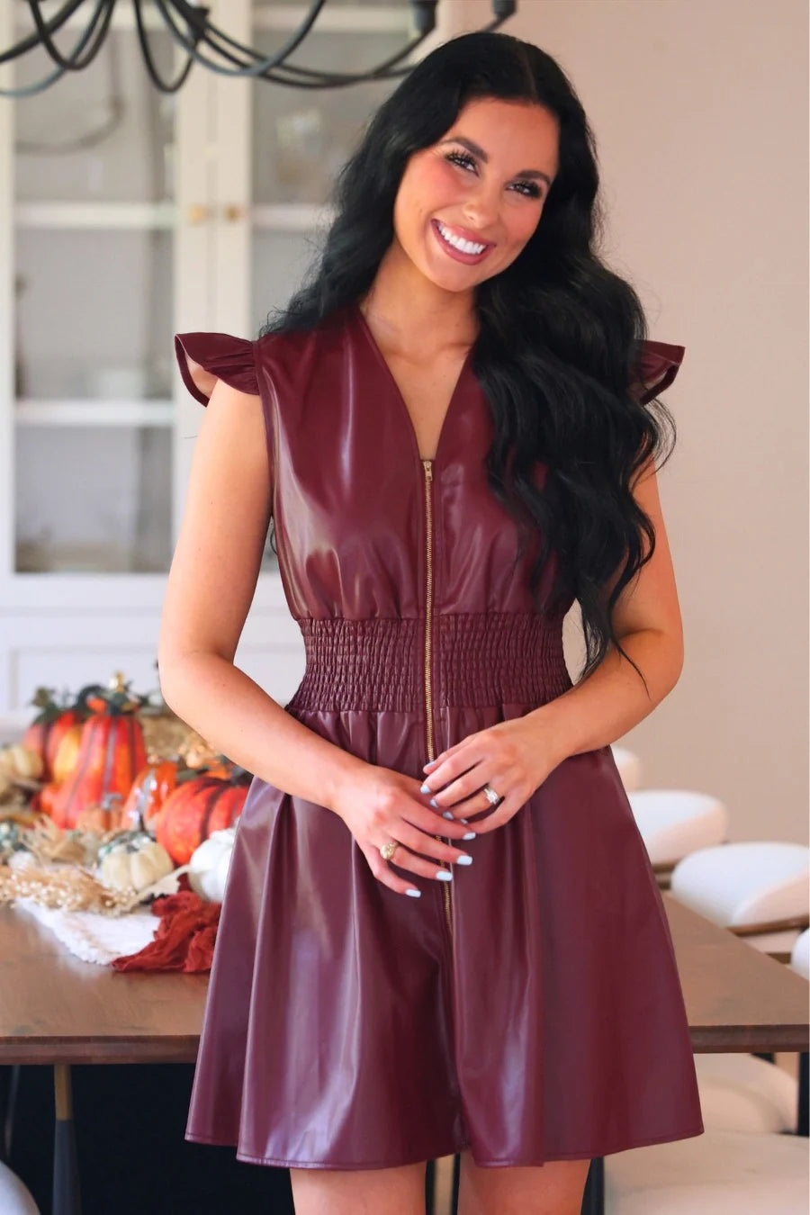 PRE ORDER: Burgundy Downtown Leather Zipper Dress