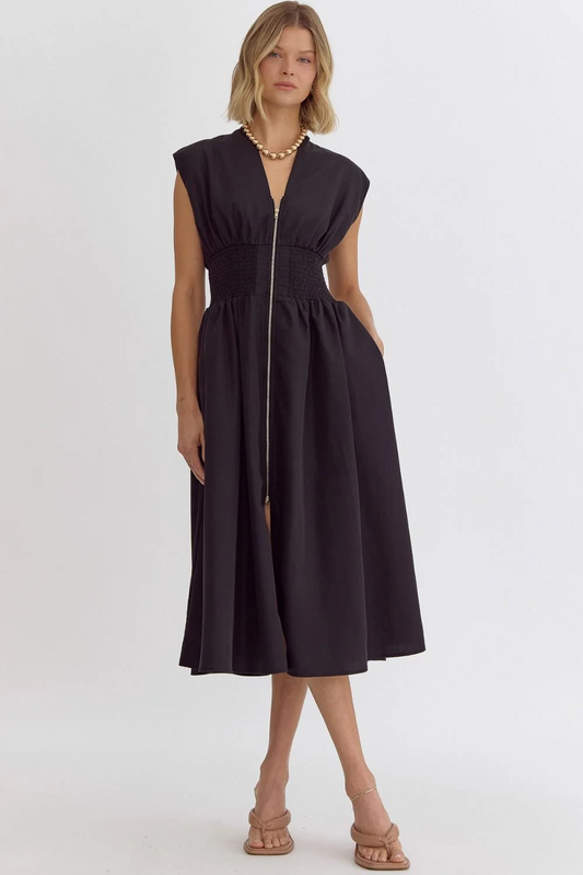 Black Sleeveless Zipper Midi Dress