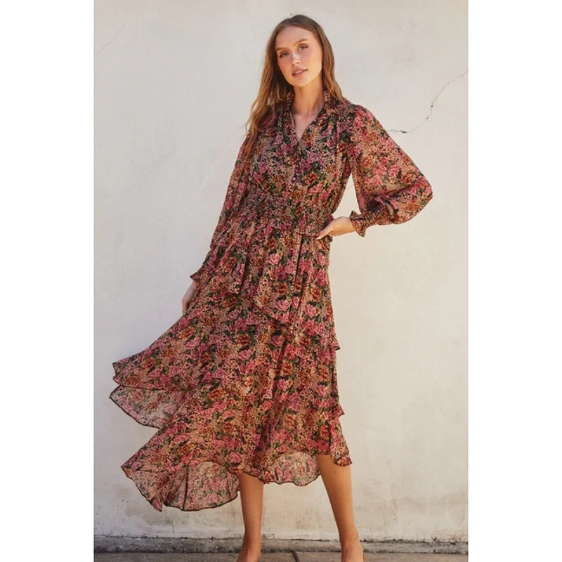 Rose Lurex Cinched Waist Ruffled Dress