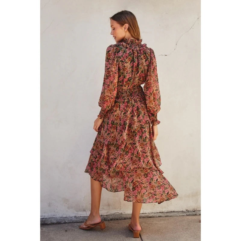 Rose Lurex Cinched Waist Ruffled Dress