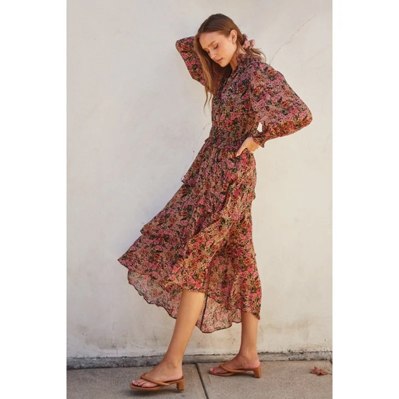 Rose Lurex Cinched Waist Ruffled Dress