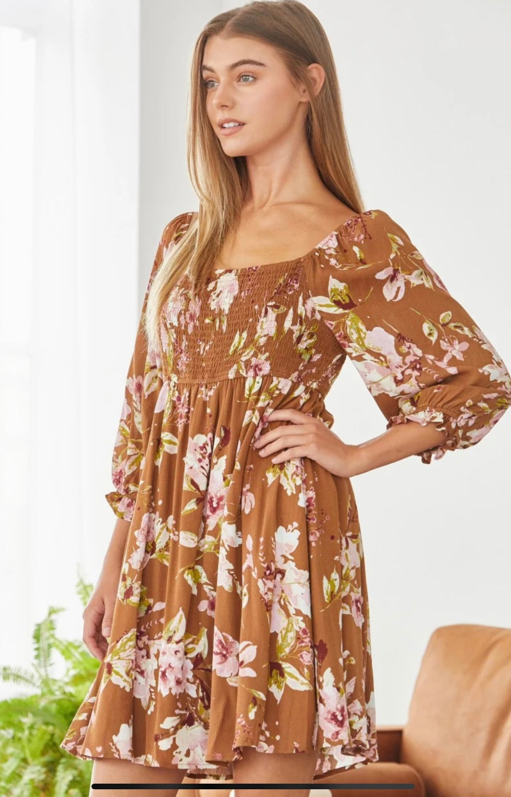 Camel Floral Smocked Dress
