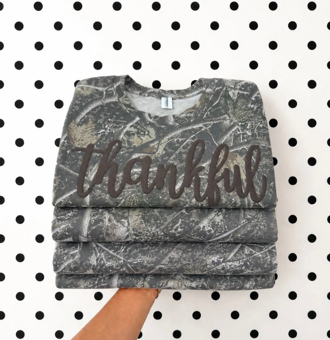 Camo Thankful Puff Ink Long Sleeve Graphic Tee