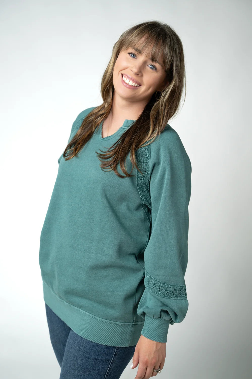 Teal Vintage Wash Lace Accent Pullover