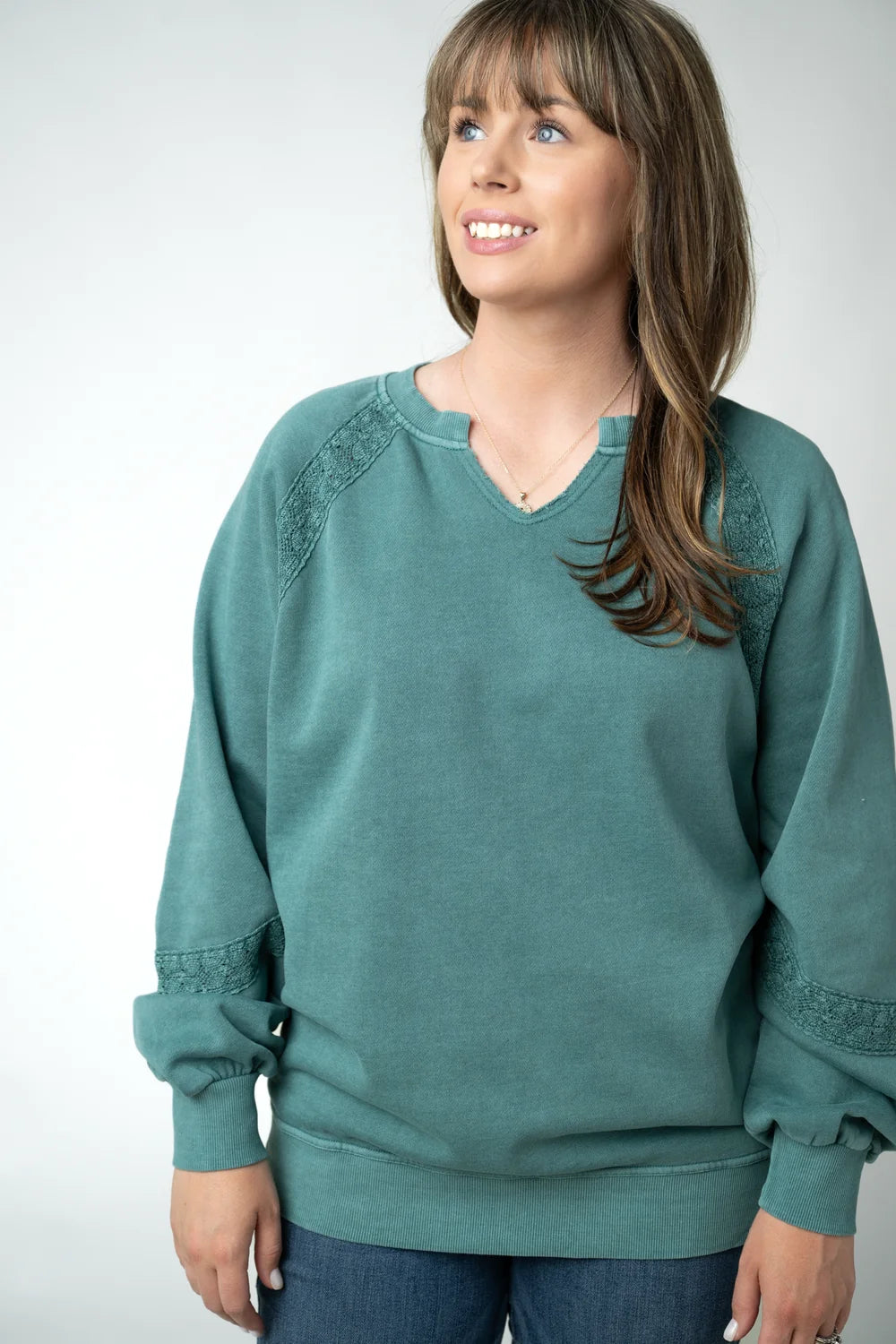 Teal Vintage Wash Lace Accent Pullover