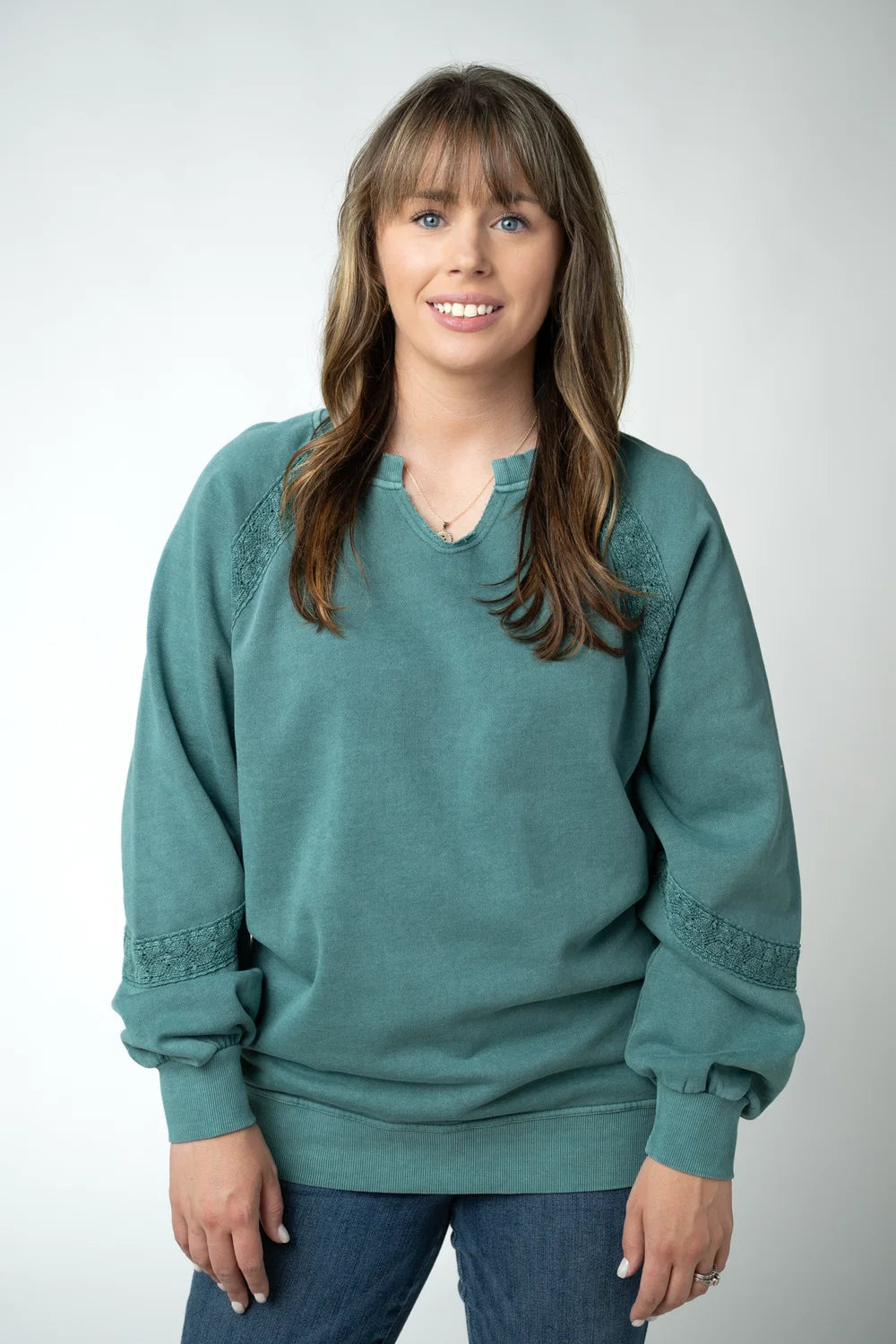 Teal Vintage Wash Lace Accent Pullover