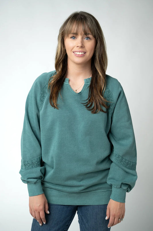 Teal Vintage Wash Lace Accent Pullover