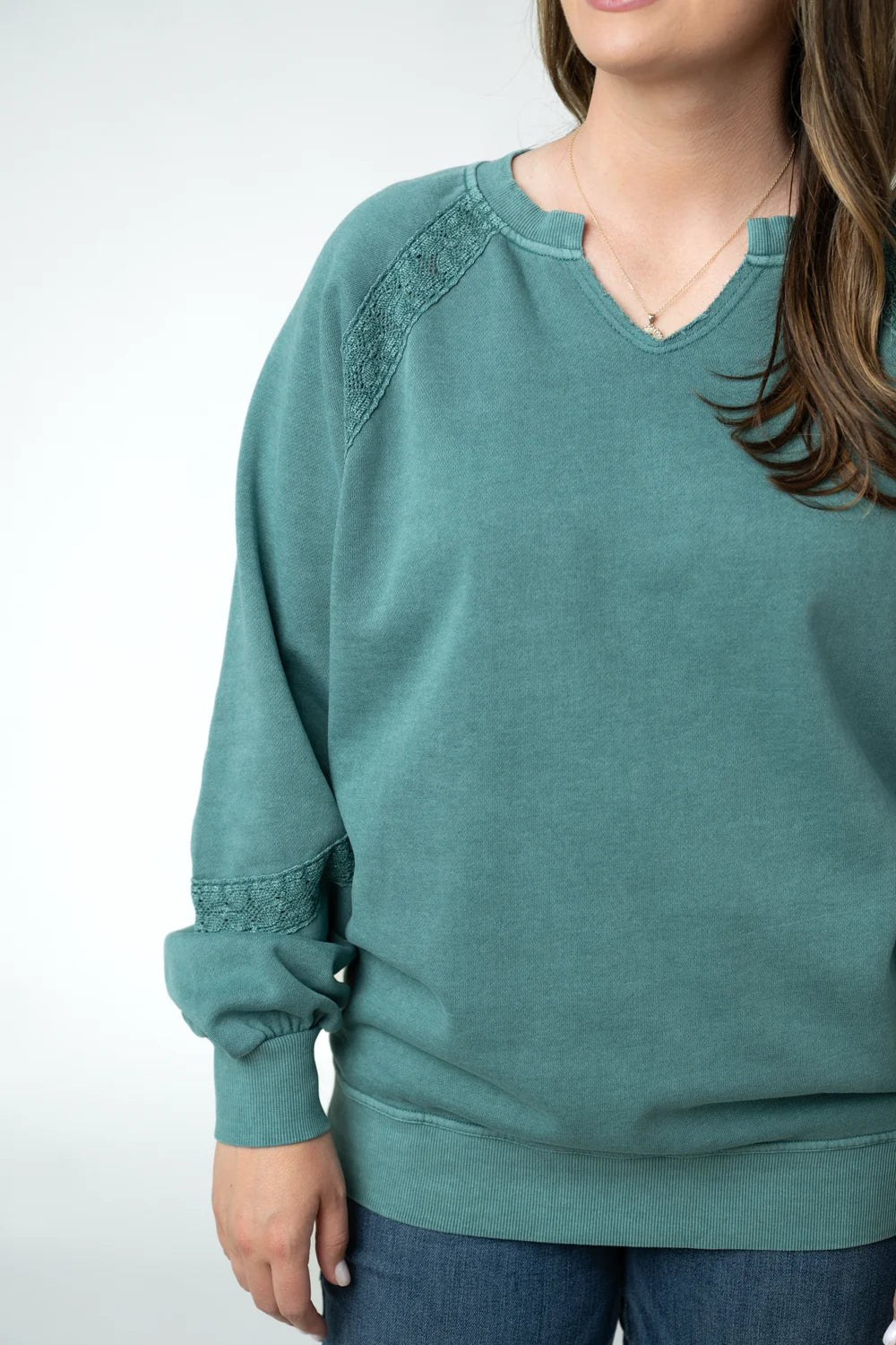 Teal Vintage Wash Lace Accent Pullover