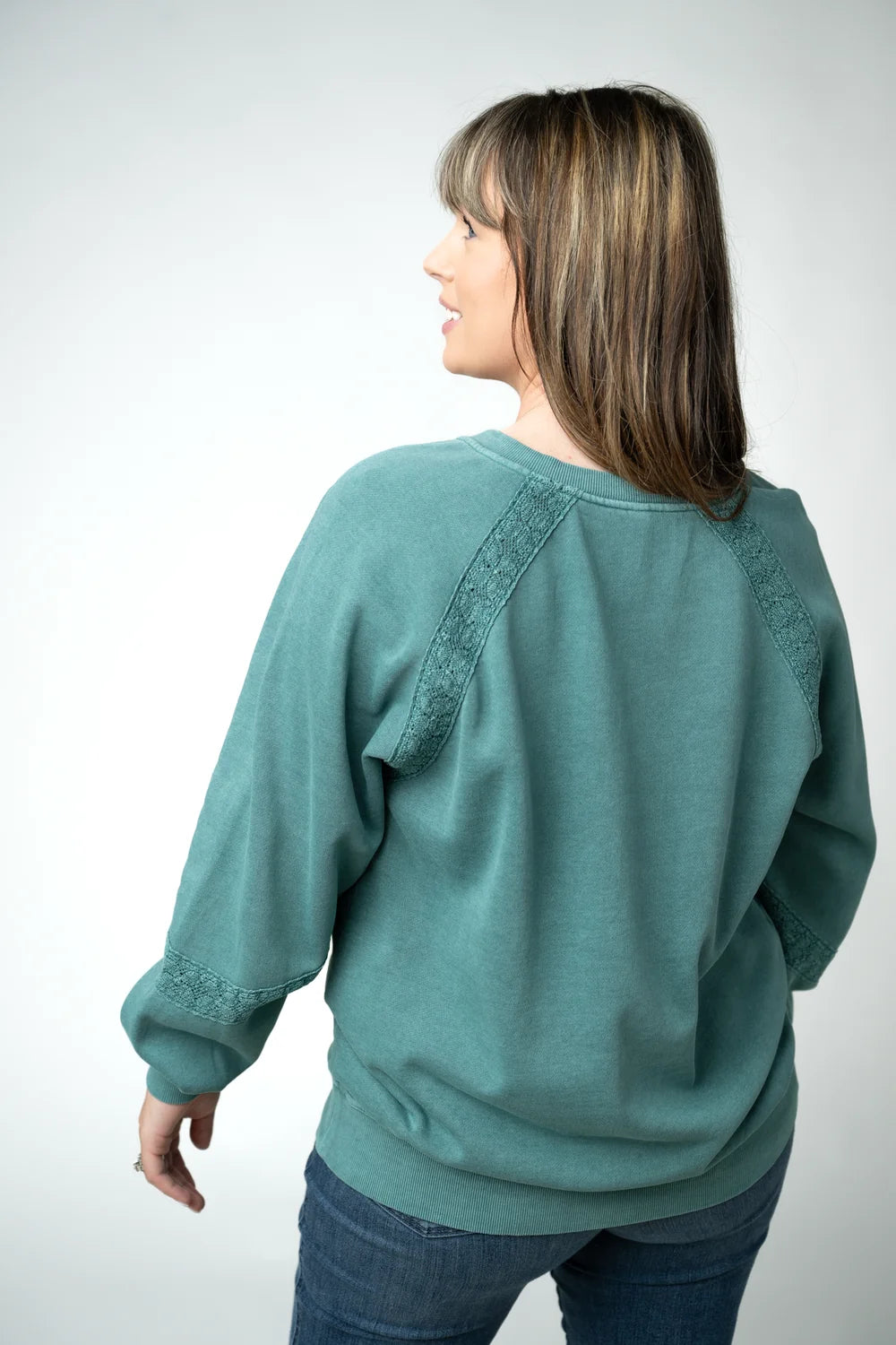 Teal Vintage Wash Lace Accent Pullover