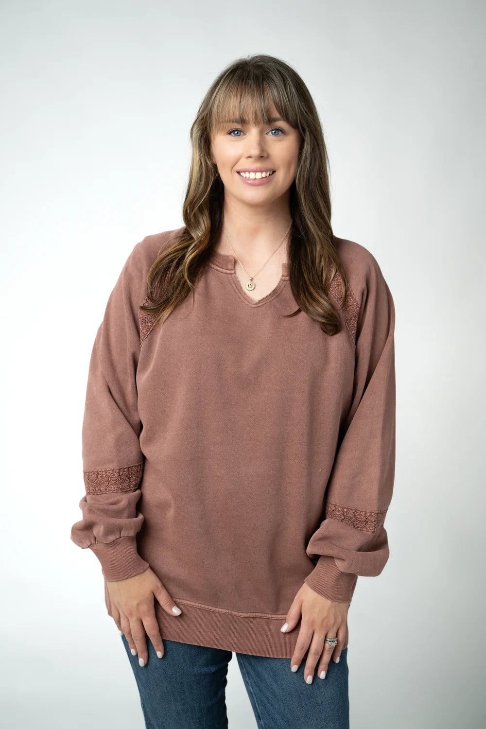 Brown Vintage Wash Lace Accent Pullover