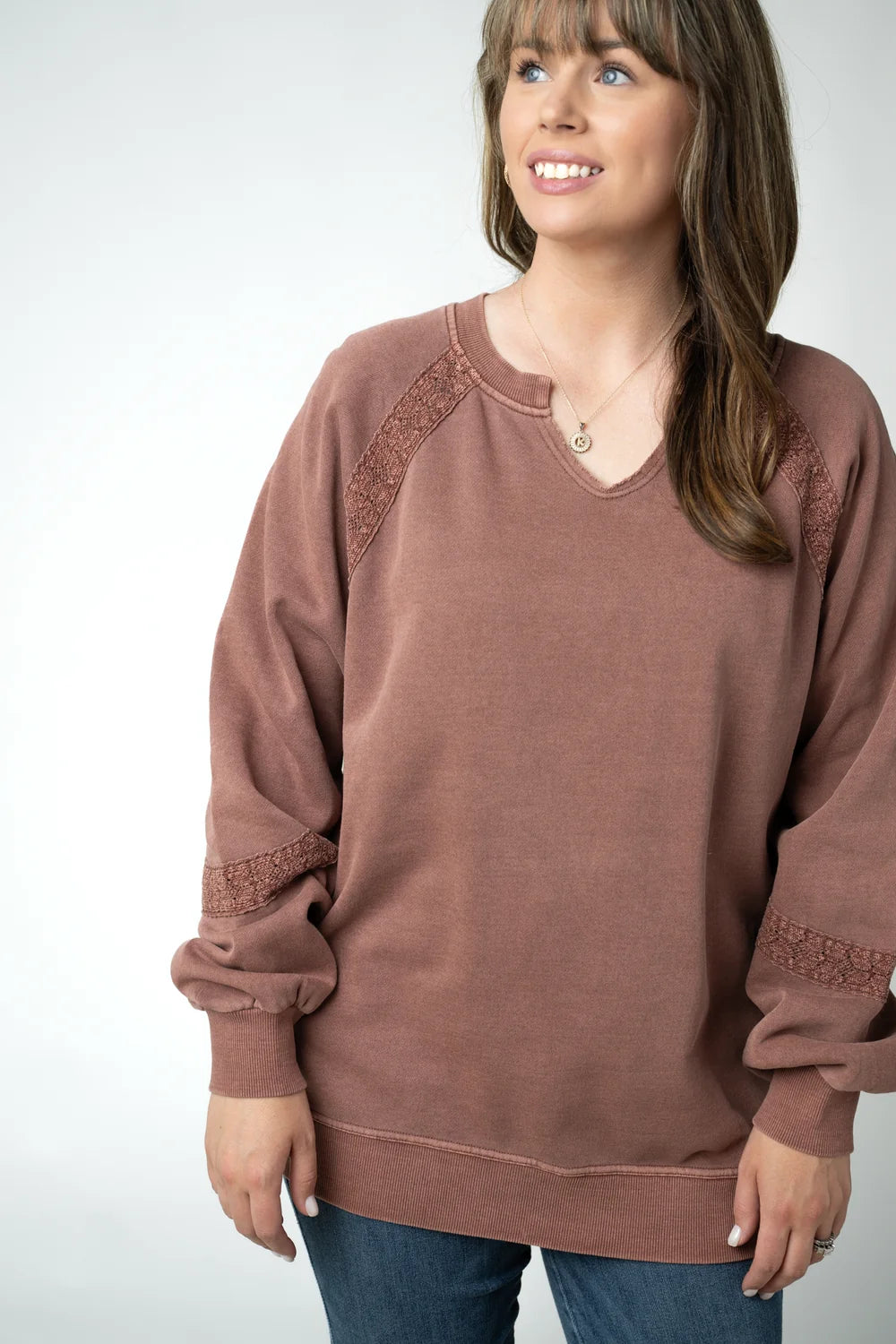 Brown Vintage Wash Lace Accent Pullover