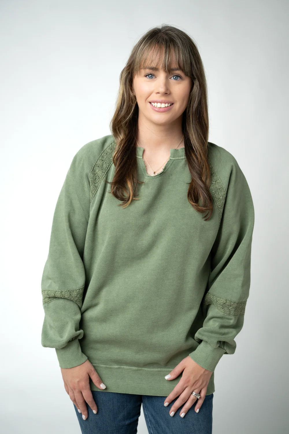 Olive Vintage Wash Lace Accent Pullover