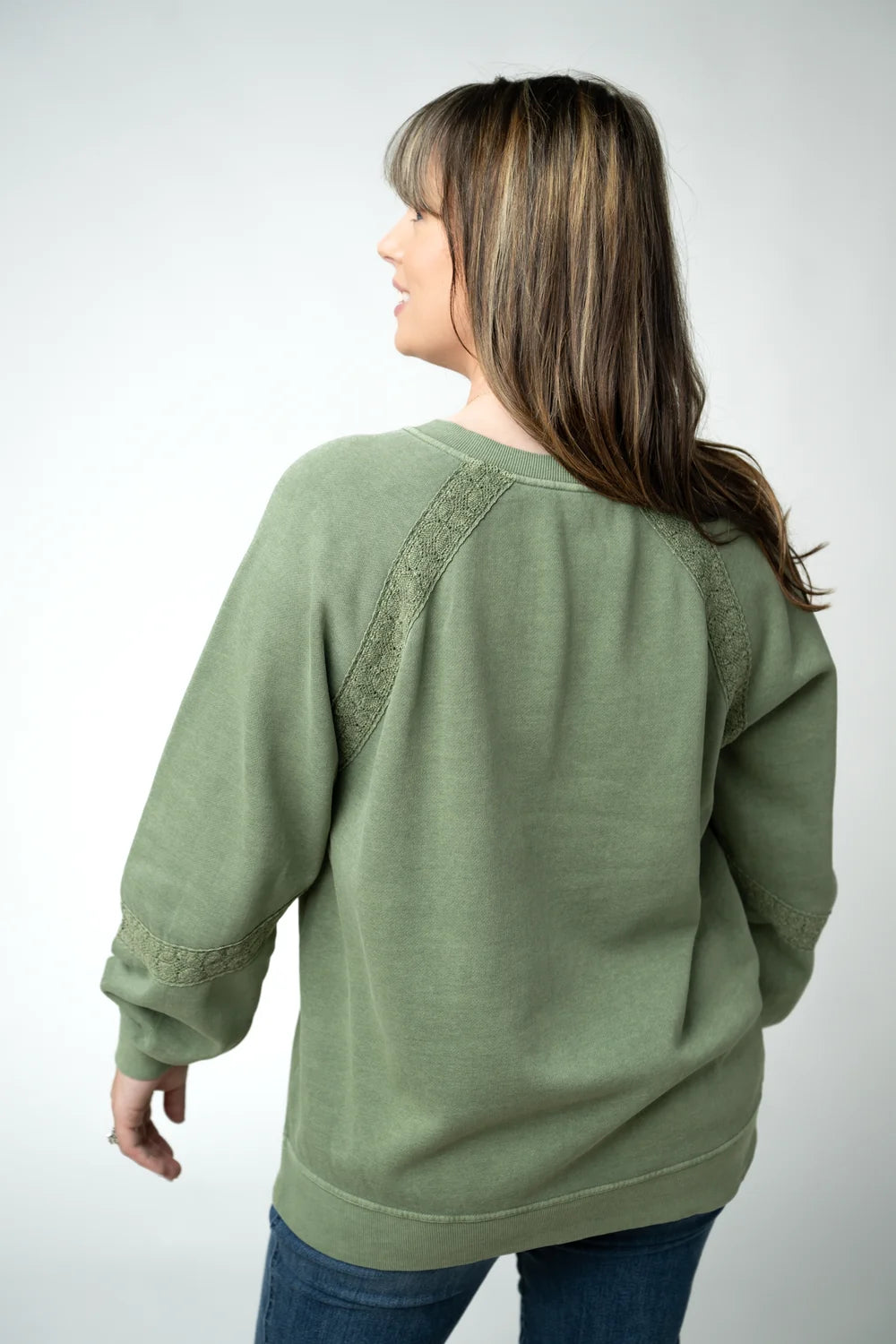 Olive Vintage Wash Lace Accent Pullover