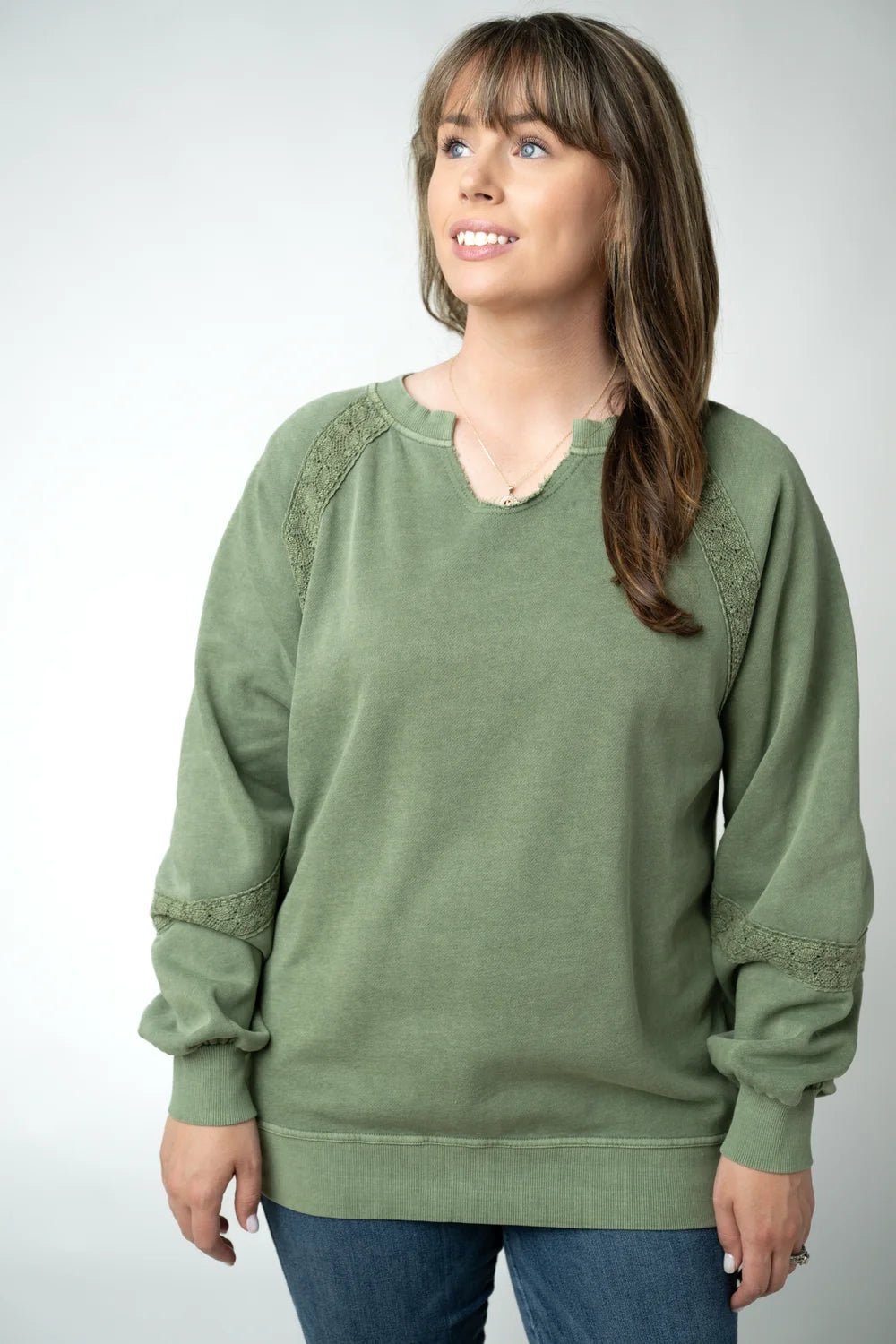 Olive Vintage Wash Lace Accent Pullover