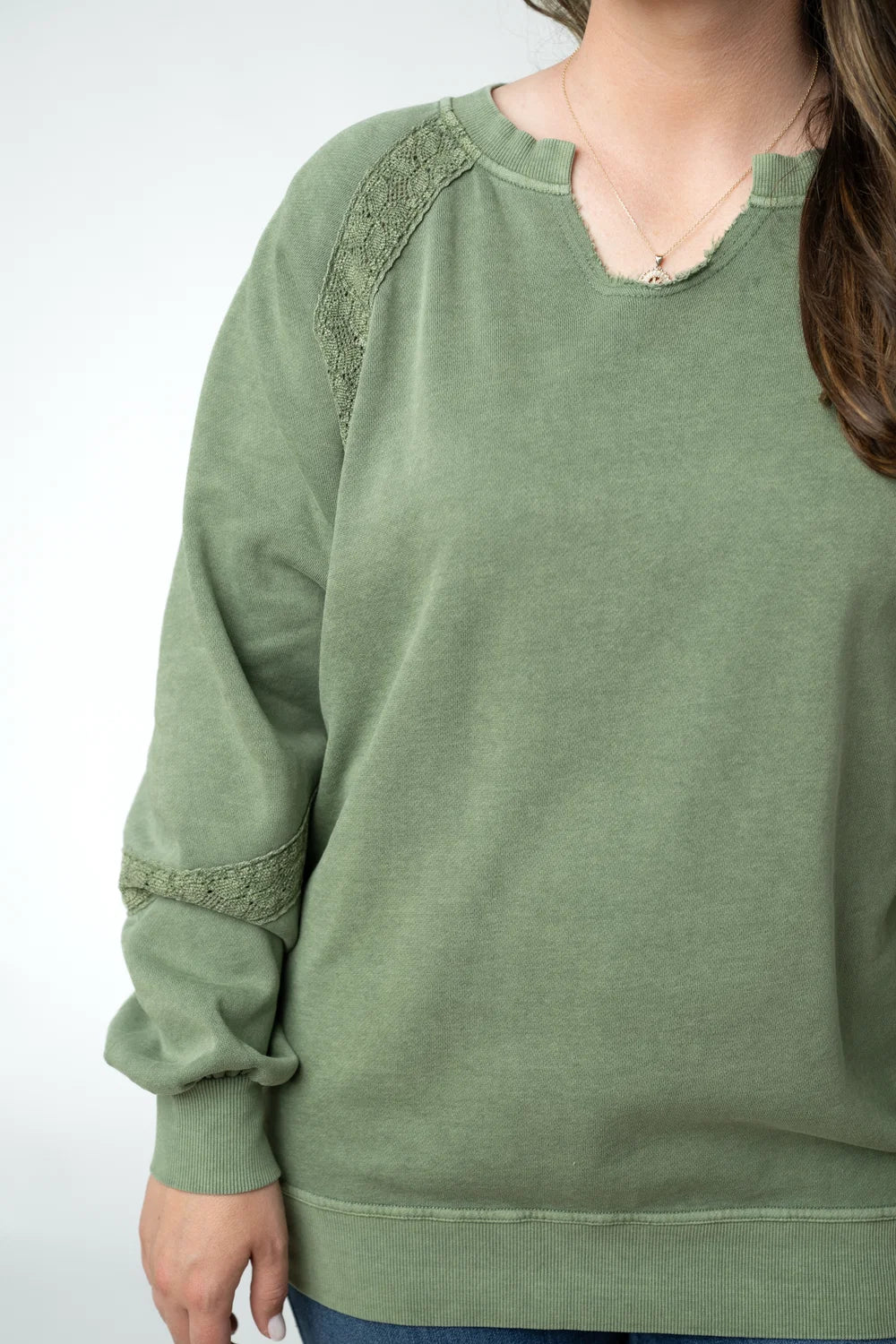 Olive Vintage Wash Lace Accent Pullover