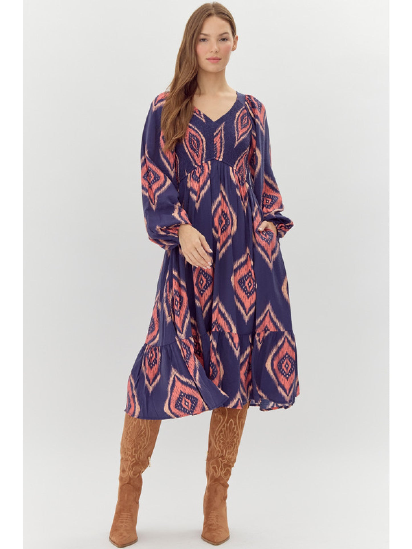 Navy Print Midi Dress