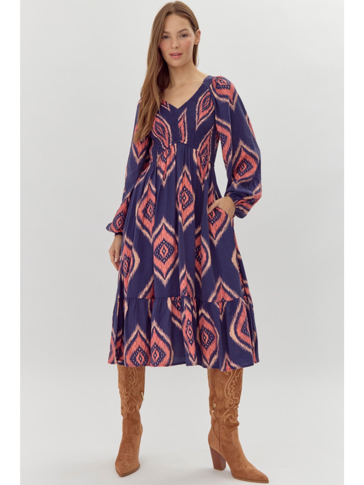 Navy Print Midi Dress