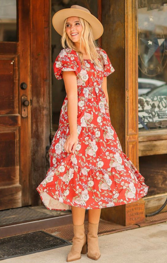 Elizabeth Midi Dress in Rust and Floral