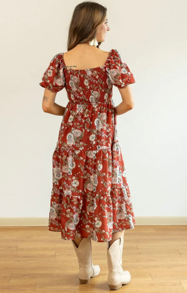 Elizabeth Midi Dress in Rust and Floral