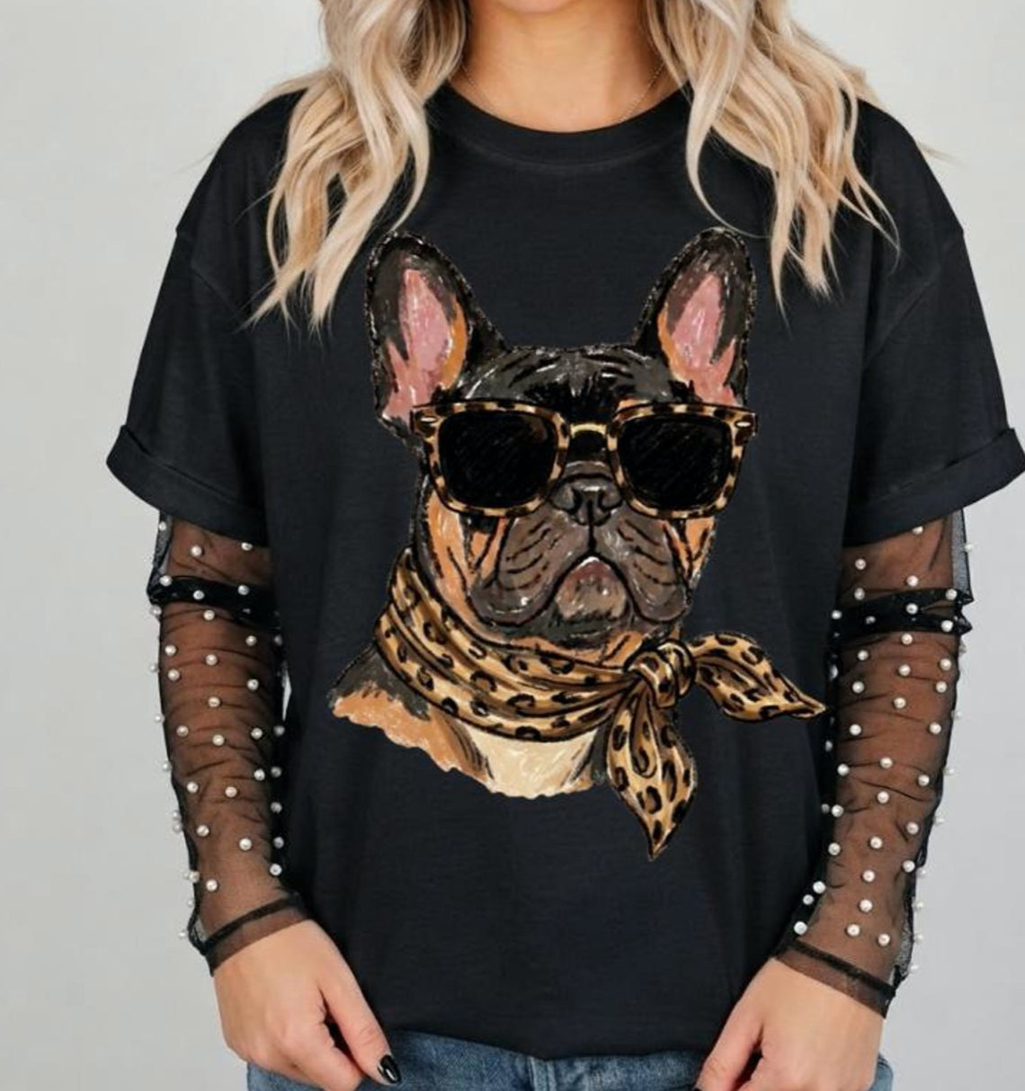 Glam Frenchie Leopard Scarf Graphic Tee or Sweatshirt