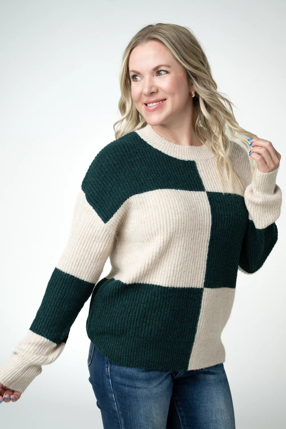 Cream and Evergreen Checkered Sweater