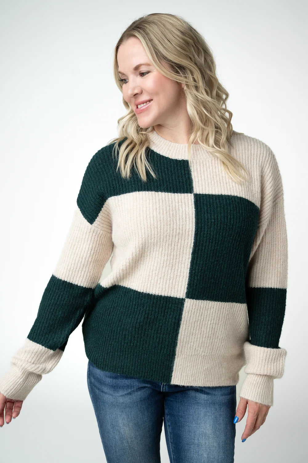 Cream and Evergreen Checkered Sweater