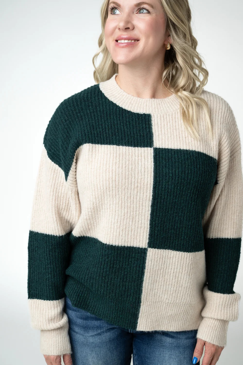 Cream and Evergreen Checkered Sweater