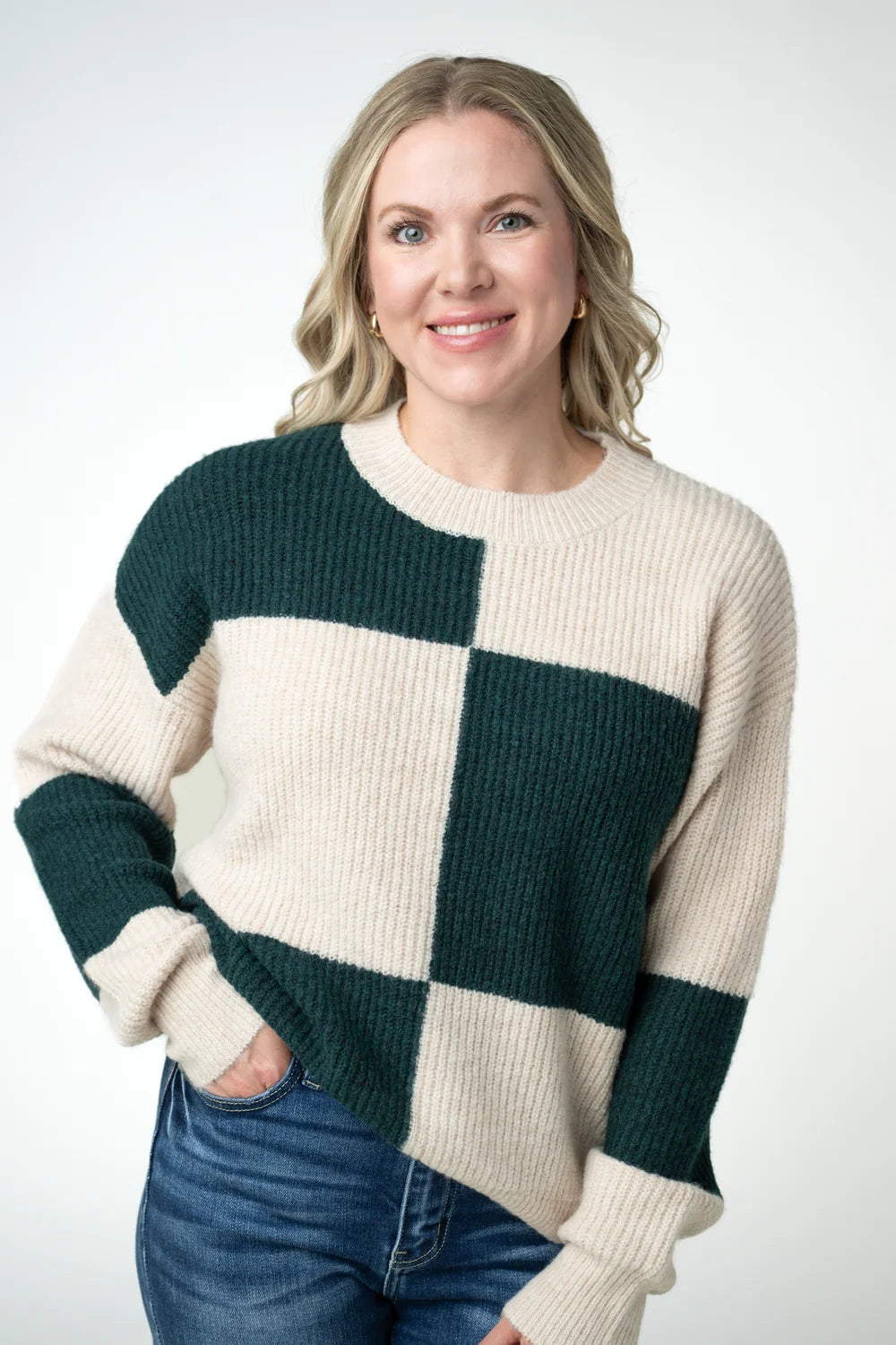 Cream and Evergreen Checkered Sweater