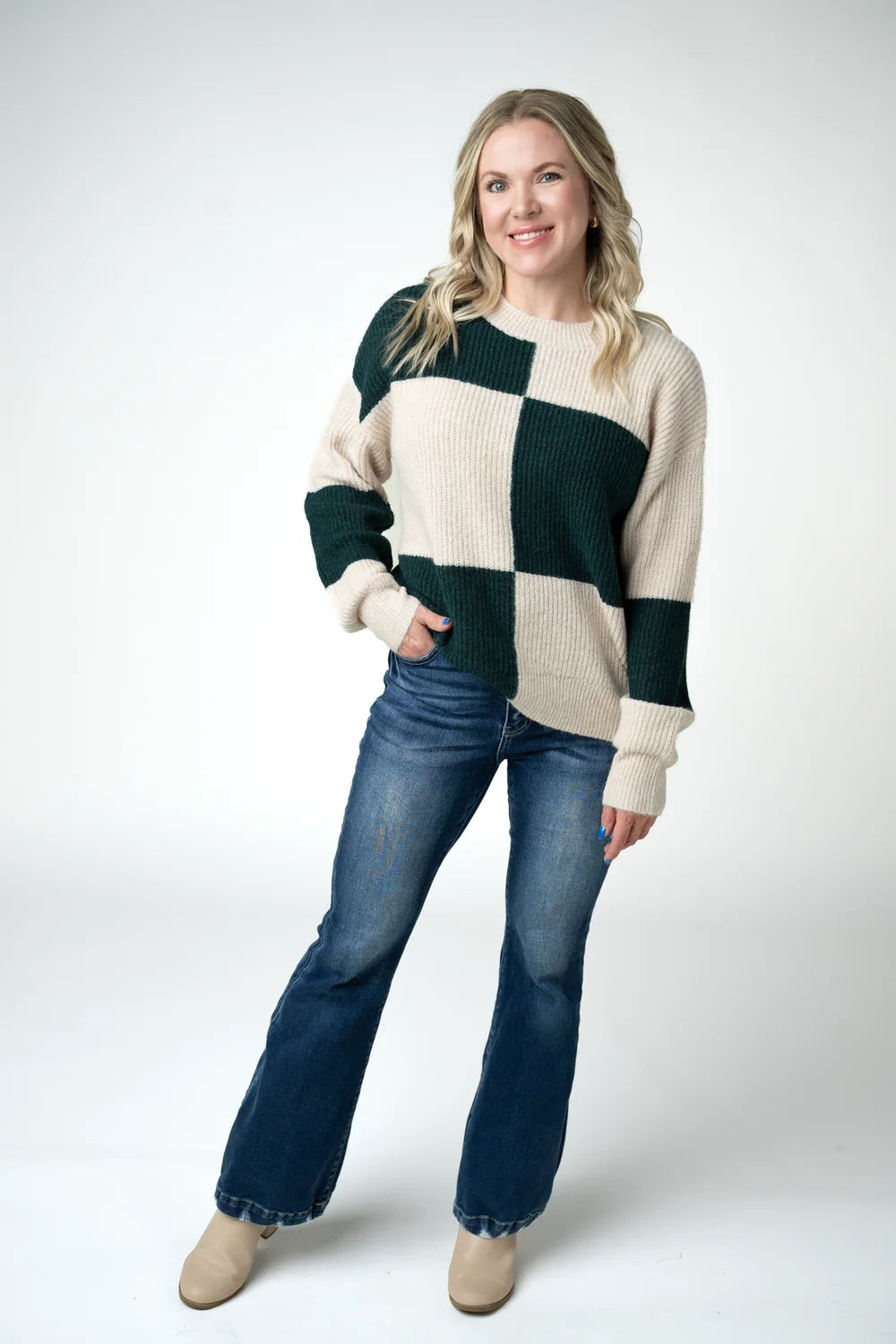 Cream and Evergreen Checkered Sweater