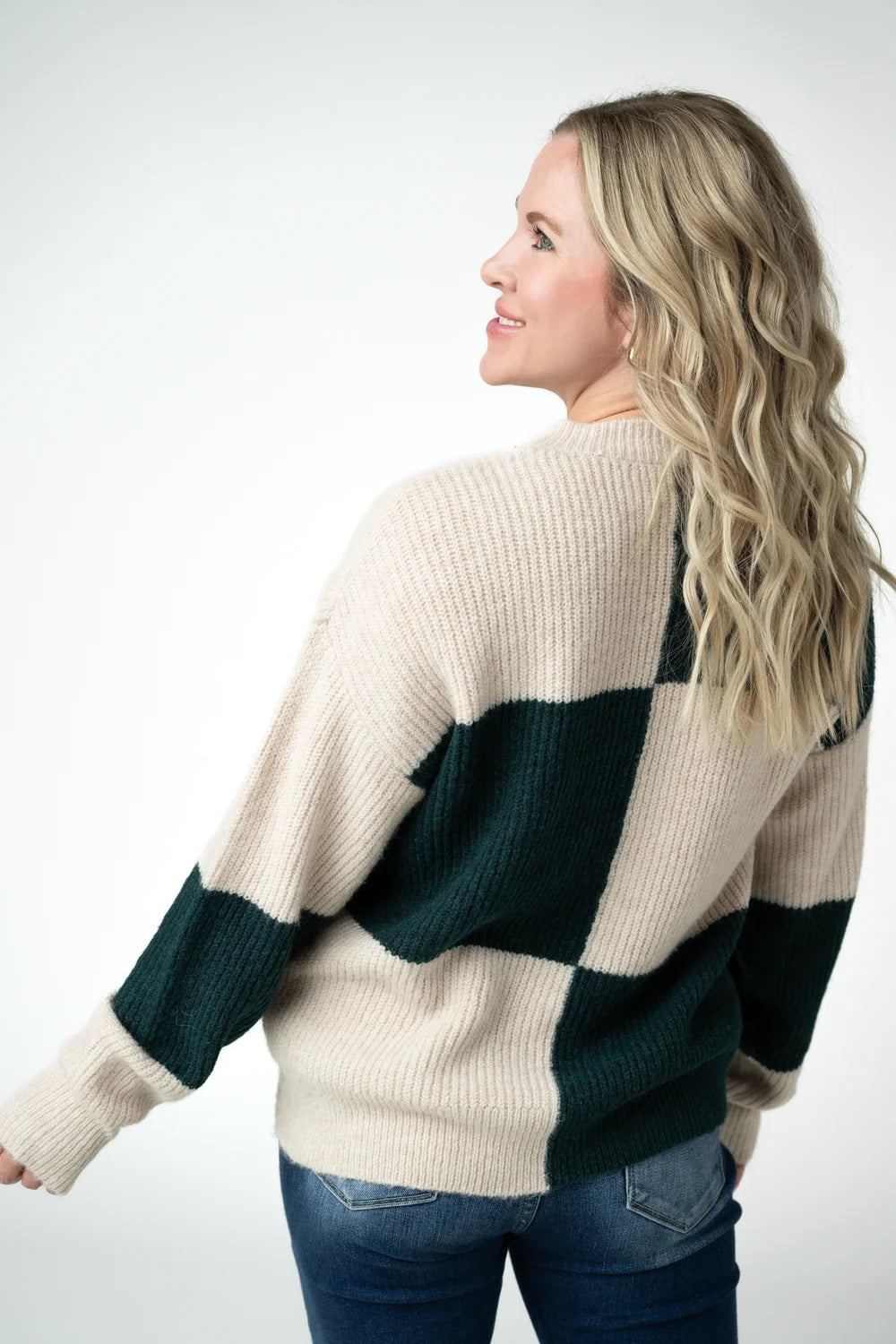 Cream and Evergreen Checkered Sweater