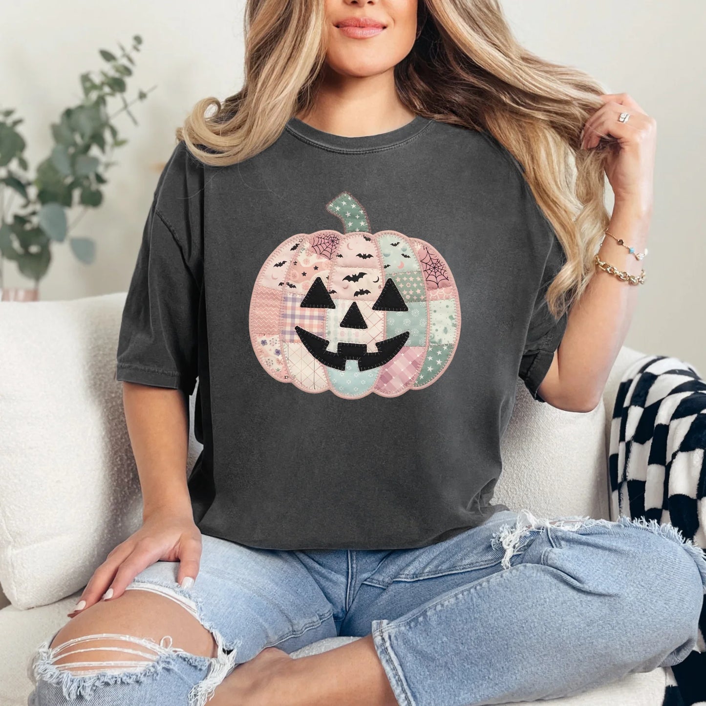 Pink Patchwork Pumpkin Graphic Tee - 3 colors